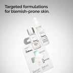An angled studio shot of Target & Treat Set box and blemish treatments against a gradient backdrop. Overhead text reads: Targeted formulations for blemish-prone skin.